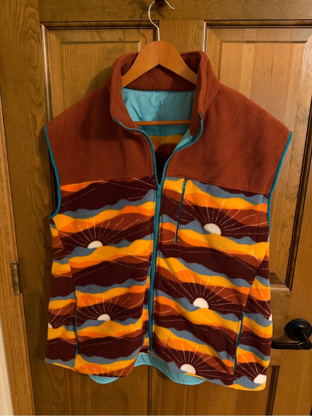 Sunset Mountain Fleece Vest Zip Pocket Retro Boho Outdoor M/L Mens